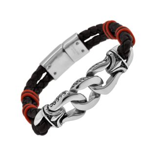 Stainless Steel Black Leather & Red Bead Mens Bracelet
