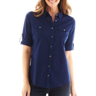 St. Johns Bay St. John s Bay Clip Dot Roll Sleeve Campshirt, Navy Clip Dot