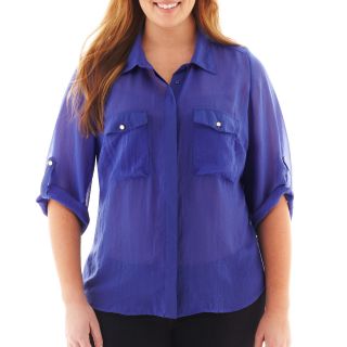 Como Black 3/4 Roll Sleeve Button Front Shirt   Plus, Blue