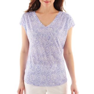 LIZ CLAIBORNE Short Sleeve Shirred V Neck Tee, Blue, Womens