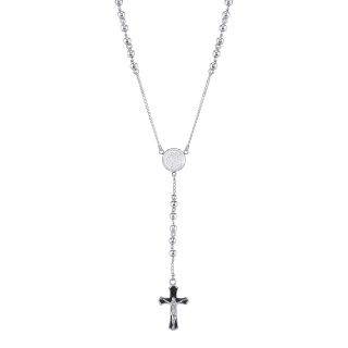 Mens Two Tone Stainless Steel Rosary Necklace, Whte