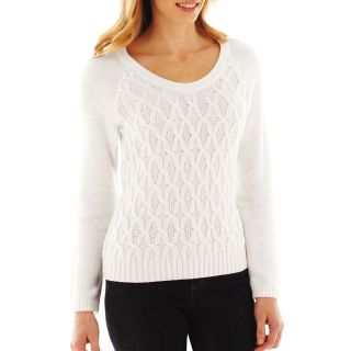 LIZ CLAIBORNE Long Sleeve Cable Knit Sweater   Talls, White, Womens