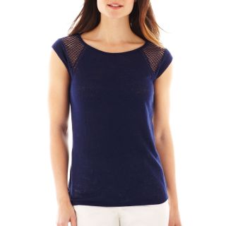 A.N.A Cap Sleeve Mesh Inset Lace Tee, American Navy, Womens