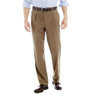 Stafford Sharkskin Pleated Dress Pants, Brown, Mens