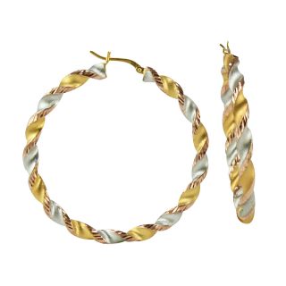 14K Gold Plated Tri Color Twist Hoop Earrings, Womens