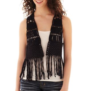 Take Out Crochet Fringe Vest, Black, Womens