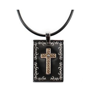Mens Stainless Steel & 18K Yellow Gold Diamond Accent Cross Dog Tag Pendant