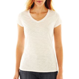 Essential Short Sleeve Relaxed Fit V Neck Tee, White, Womens