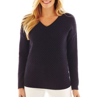 LIZ CLAIBORNE Long Sleeve V Neck Cable Knit Sweater, Navy, Womens