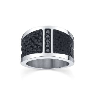 Maksim Stainless Steel, Leather and Cubic Zirconia Ring, White, Mens