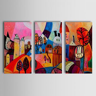 Hand painted Abstract Oil Painting Enjoy Village Happy Life Canvas Art Set of 3