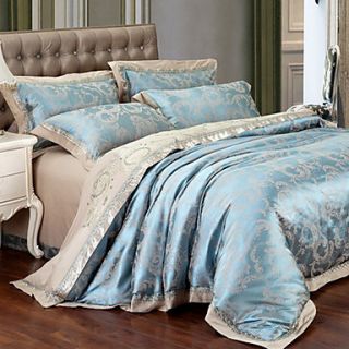 4 Piece Modern Style Bella Silk and Cotton Green Jacquard Floral Duvet Cover Set