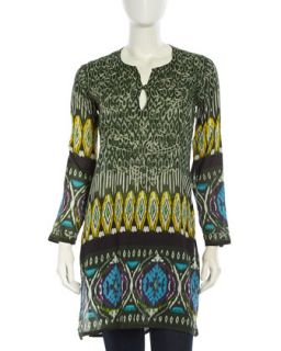 Floral Embroidered Ikat Print Tunic, Green