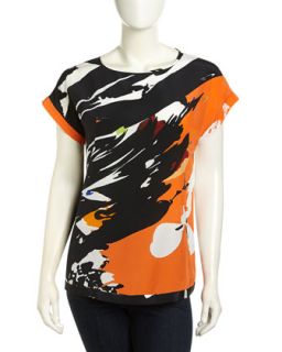 Donna Abstract Print Silk Blouse, Black/Orange