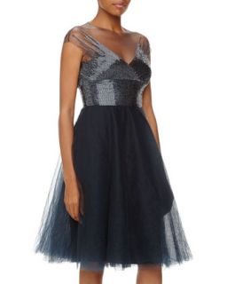 Beaded Tulle Fit And Flare Cocktail Dress, Blue/Gray