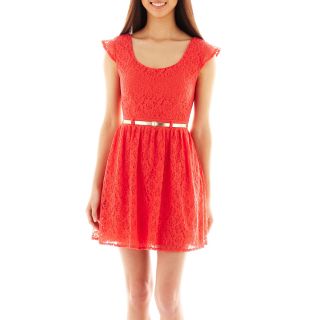 City Triangles Cap Sleeve Belted Lace Dress, Brt.coral