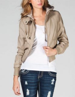 Womens Hooded Faux Leather Jacket Stone In Sizes Medium, Large, X Large