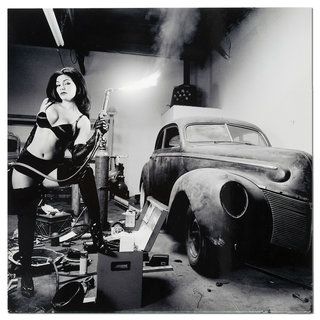 Torched Black   White Hot Rod Girl Garage/man Cave Metal Wall Art