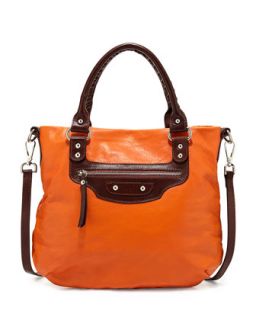 Italian Leather Zip Crossbody Bag, Orange/Dark Brown