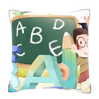 Custom Photo Factory Portrait Of Boy With Blackboard And Alphabets 18 inch Velour Throw Pillow Multi Size 18 x 18