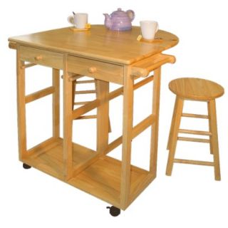 Counter Height Table Set Breakfast Cart with 2 Stools   Natural