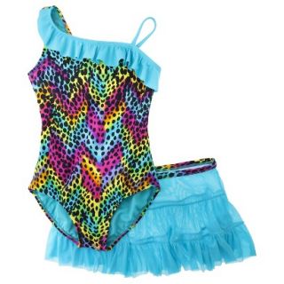 Girls 1 Piece Leopard Spot Swimsuit and Skirt Set   Aqua M