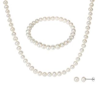 3 Piece Pearl Earring Necklace and Bracelet Set   White/Silver