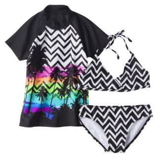 Girls 2 Piece Short Sleeve Swim Rashguard and Chevron Bikini Swimsuit Set  