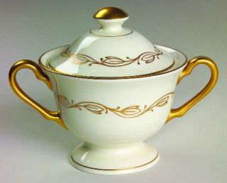 Pickard Symphony Ivory Sugar Bowl & Lid, Fine China Dinnerware   Gold Outlined L