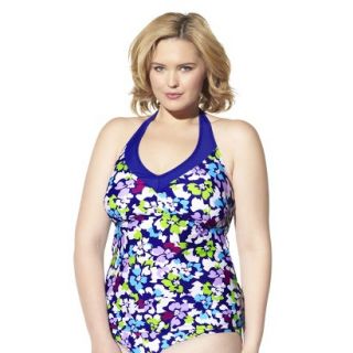Womens Plus Size Halter Tankini Swim Top   Cobalt Blue/Multicolor 16W