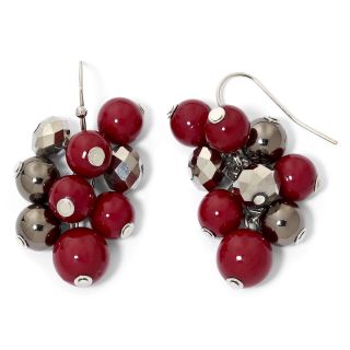 Silver Tone & Red Bead Cluster Earrings