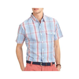 Izod Short Sleeve Slim Fit Mini Plaid Shirt, Red, Mens