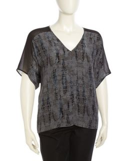 Lace Print V Neck Silk Top, Charcoal, Womens