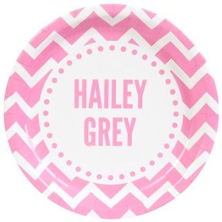 Chevron Pink Personalized Text Dinner Plates (8)