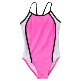 Speedo Girls 1 Piece Racer Back Mesh Splice Swimsuit   Neon Pink 14