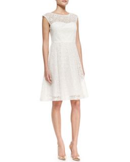 Womens Cap Sleeve Eyelet Fit and Flare Cocktail Dress, White   Sue Wong
