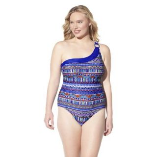 Womens Plus Size One Shoulder One Piece Swimsuit   Cobalt Blue/Multi Color 24W