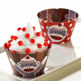 Sock Monkey Red Reversible Cupcake Wrappers