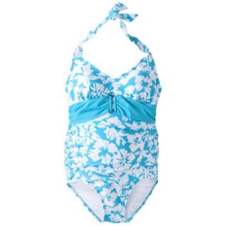 Womens Maternity Tie Neck Belted One Piece Swimsuit   Turquoise/White XXL