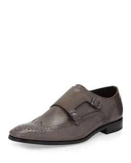 Maxo Leather Wing Tip Monk Strap Shoes, Dark Gray
