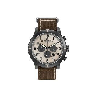 Citizen Eco Drive Mens Black Ion Plated Brown Nylon Strap Chronograph Watch