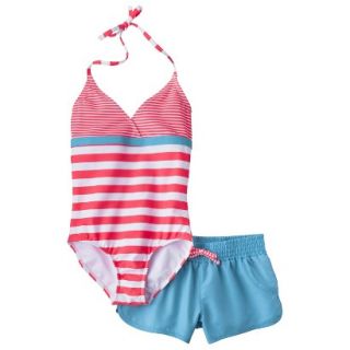 Girls 1 Piece Striped Swimsuit and Short Set   Coral S