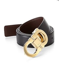 Salvatore Ferragamo Double Gancini Leather Belt   Black
