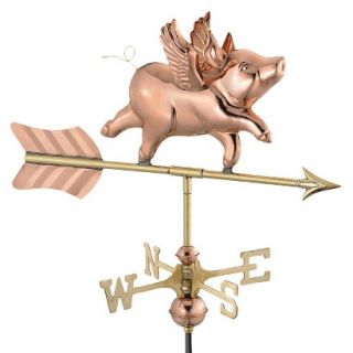 Good Directions Flying Pig Garden Weathervane   Polished Copper w/Roof Mount