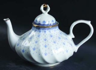 Quinta Nova Qun2 Teapot & Lid, Fine China Dinnerware   Blue Fleur De Lis & Flora