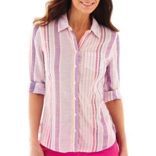 Roll Sleeve Relaxed Fit Button Front Shirt, Purple