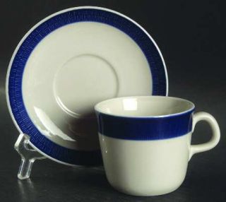 Rorstrand Koka Blue Flat Cup & Saucer Set, Fine China Dinnerware   Blue Rim, Whi