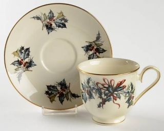 Lenox China Winter Greetings Footed Cup & Saucer Set, Fine China Dinnerware   Re
