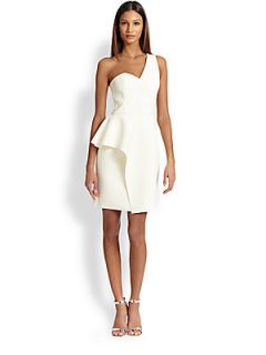 Halston Heritage Flounced Asymmetrical Crepe Dress   Linen White
