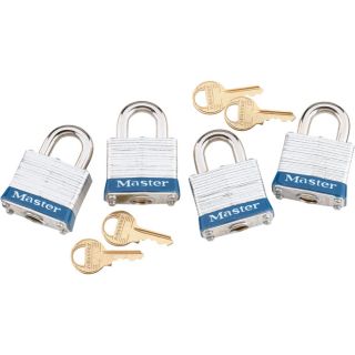 Master Lock 4 Pack of 1 9/16 Inch EX Series Shrouded Steel Keyed Alike Padlock,